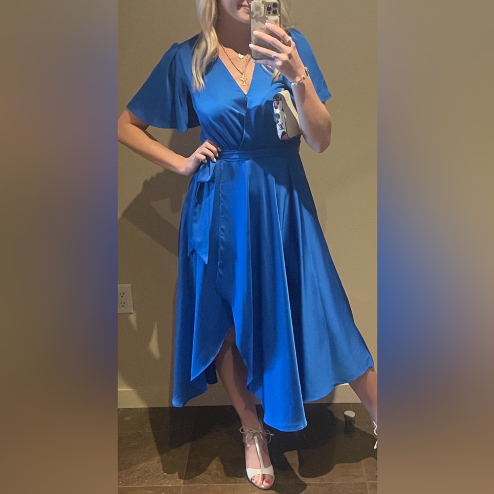 Elegant Blue Satin Wrap Dress